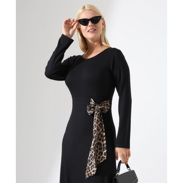 Kadın Bisiklet Yaka Leopar Fiyonk Detay Maxi Boy Elbise