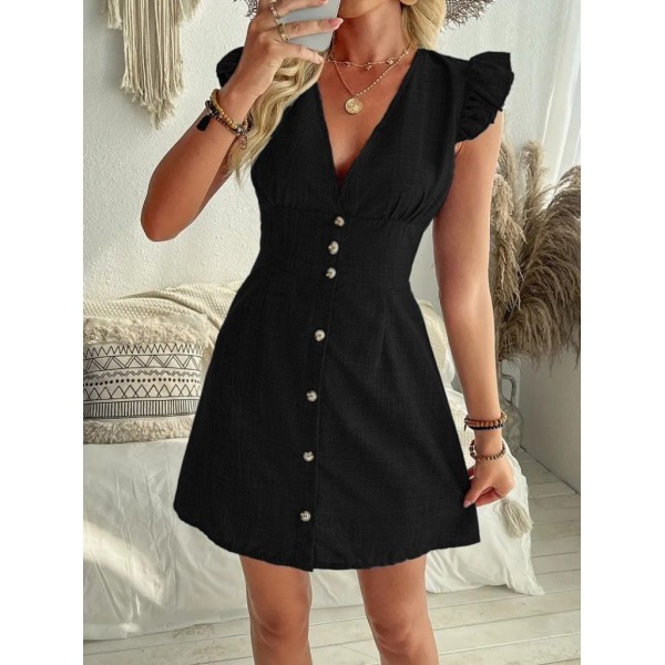 Kadın Fırfır Kollu V Yakalı Düğmeli Keten Elbise