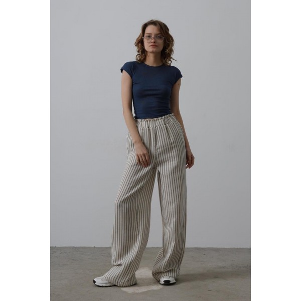 Çizgili Pamuklu Lastikli Pantolon - Bej-Lacivert