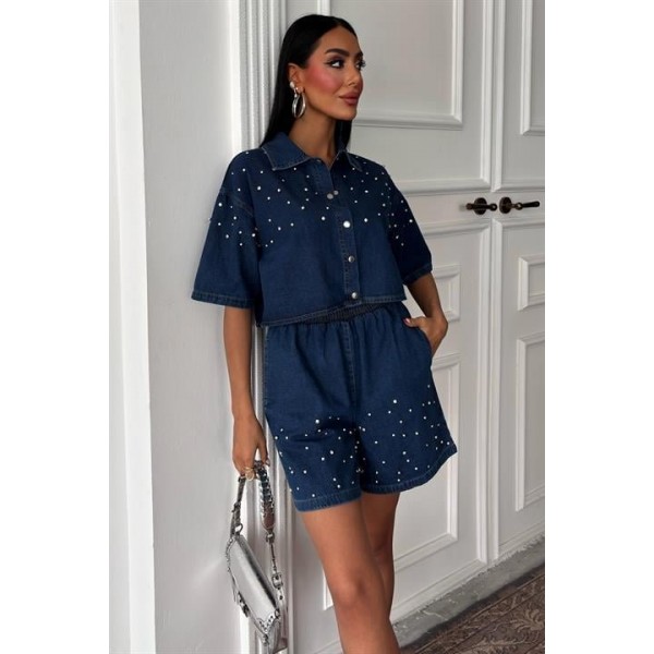 Taş Detaylı Gömlek Şort Denim Takım 10175