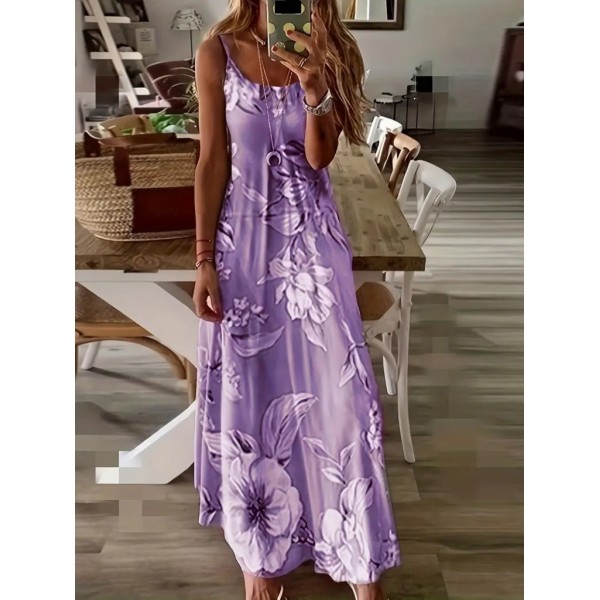 Kadın Askılı Yuvarlak Yaka Etek Geniş Kesim Desenli Süprem Elbise