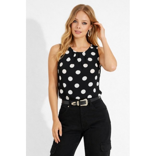 Kadın Askılı Yakası Büzgülü Puantiyeli Atlas Bluz