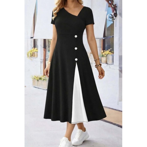 Kadın Kısa Kollu Asimetrik Yakalı Düğme Detaylı Midi Viskon Elbise