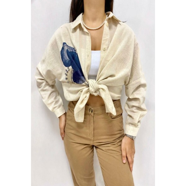 Bej Taş İşlemeli Keten Gömlek