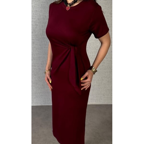 Kadın Kısa Kollu Bisiklet Yaka Yandan Bağlamalı Viskon Iki Iplik Elbise