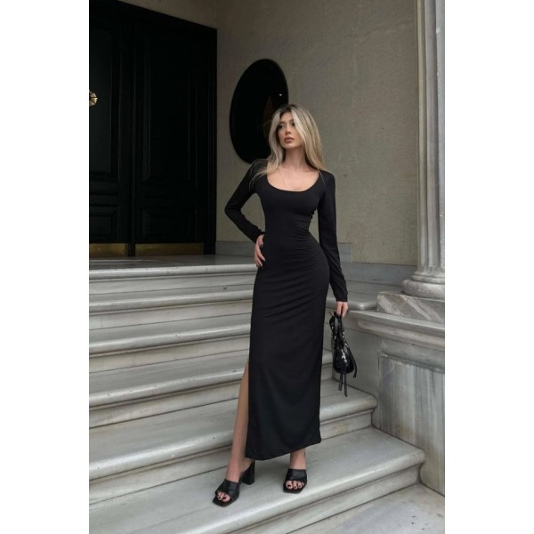 Kadın Kırmızı Yarım Balıkçı Tek Taraf Yırtmaçlı Uzun Kol Elbise