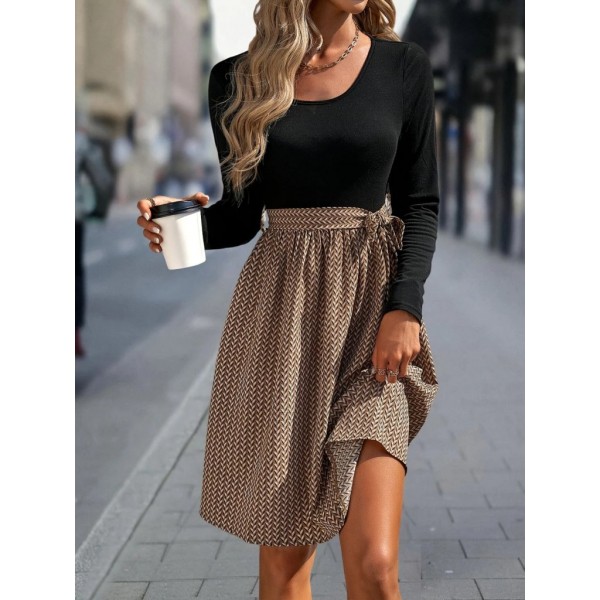 Kadın Uzun Kollu Yuvarlak Yaka üst Viskon Alt Süprem Midi Elbise