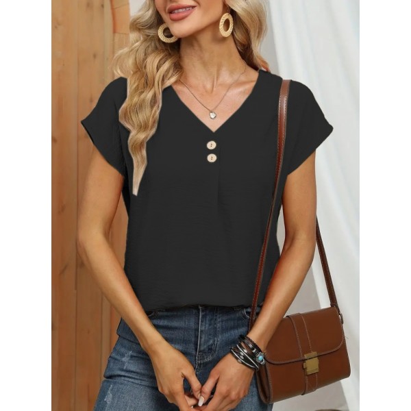 Kadın Kısa Kollu önü Düğmeli V Yaka Aerobin Bluz