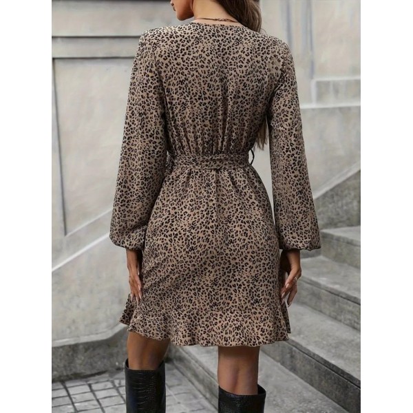 Kadın Uzun Kollu Kruvaze Yakalı Kuşaklı Desenli Kısa Modal Mini Elbise