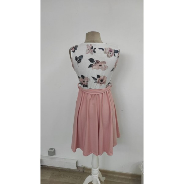 Kadın Sıfır Kollu V Yakalı çiçek Baskılı Beli Kuşaklı Dalgıç Elbise