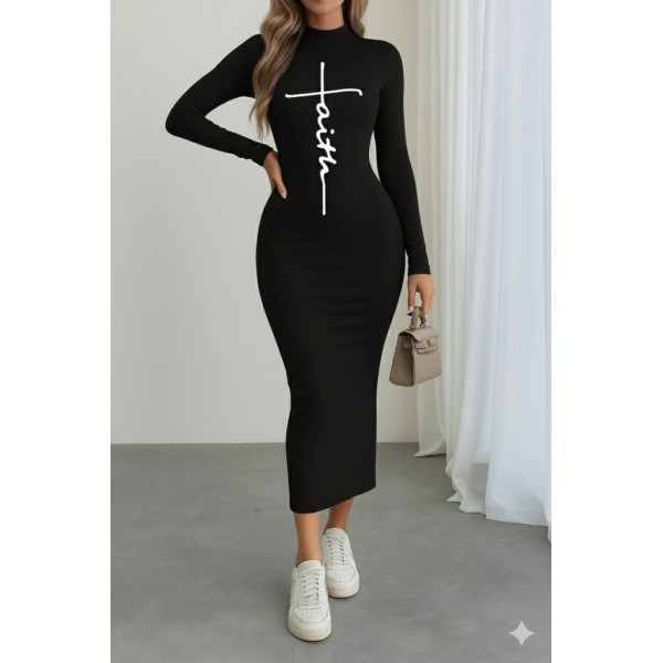 Kadın Uzun Kollu Boğazlı Baskı Detaylı Viskon Tam Boy Elbise