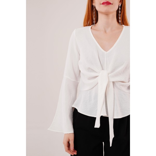 Ön Bağlamalı Volan Kol Beyaz Bluz