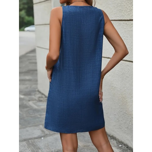 Kadın Askılı Omuzlardan Düğmeli Yuvarlak Yaka Cepli Keten Elbise