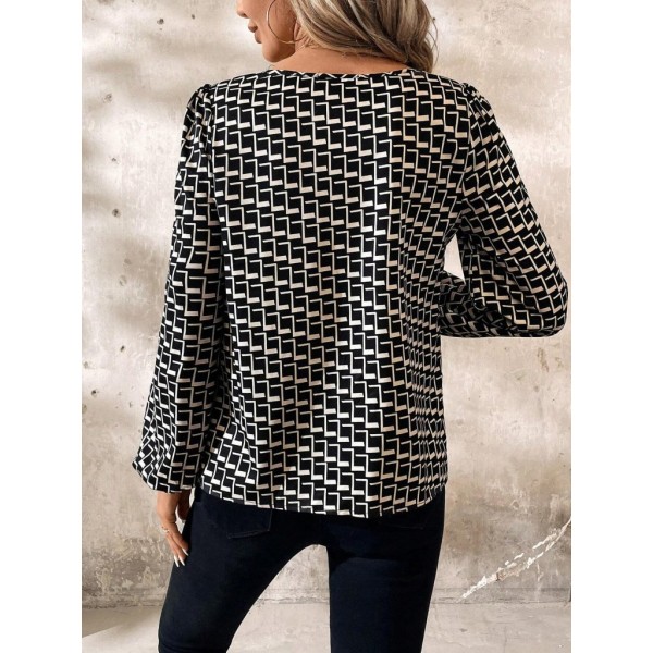 Kadın Uzun Kollu Damla Detaylı Yaka Desenli Süprem Bluz