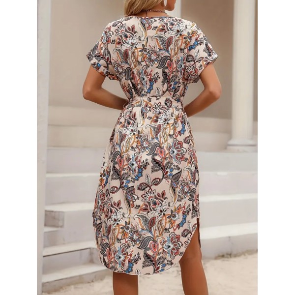 Kadın Kısa Kollu Bisiklet Yaka çiçek Desenli Kuşaklı Süprem Midi Elbise