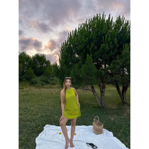 Kadın Keten Kumaş Kolsuz Mini Boy Elbise