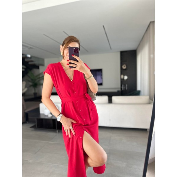 Kadınn V Yaka Düğme Detay Kuşak Dahil Elbise