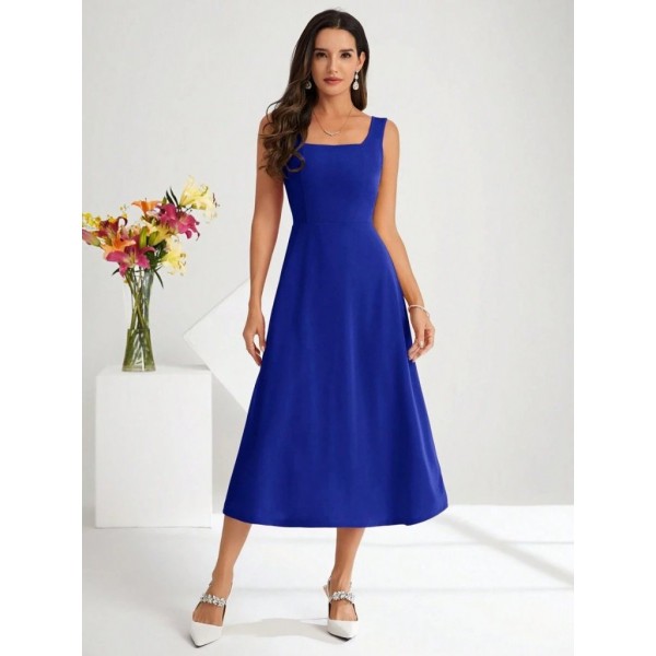 Kadın Askılı Kare Yakalı Midi Ithal Krep Elbise