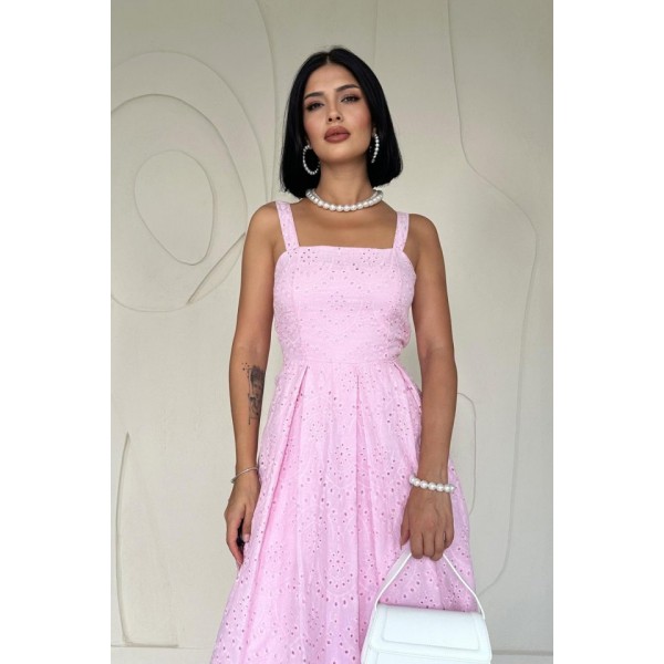 Pembe Askılı Aparatlı Brode Elbise