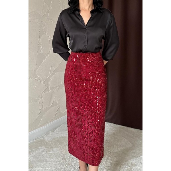 Bordo Pulpayetli Parlak Etek