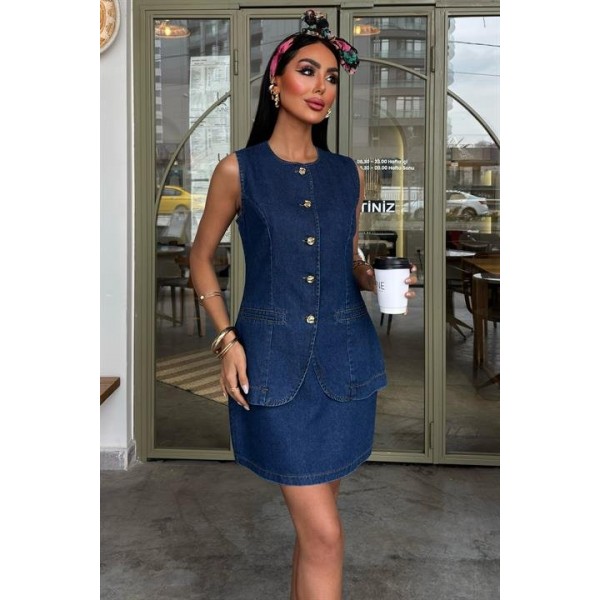 Kolsuz Yelekli Mini Etekli Denim Takım 10164
