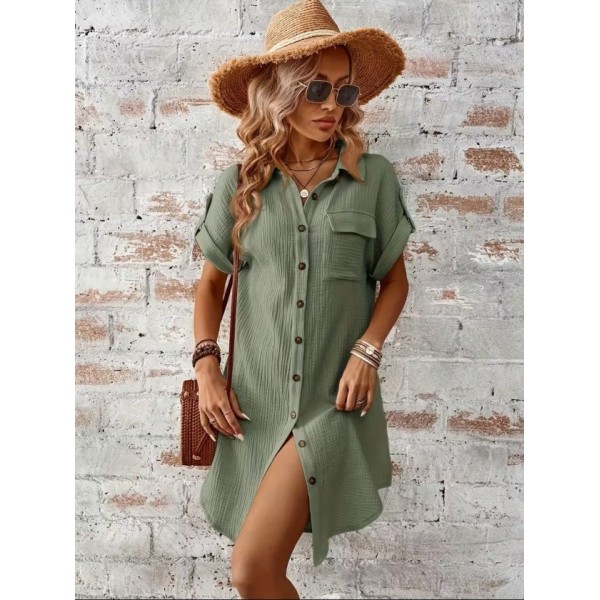 Kadın Kısa Kollu Yakalı önden Düğmeli Bürümcük Kısa Elbise