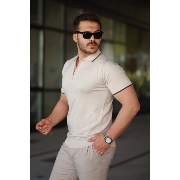 Erkek Fermuar Yakalı çizgi Dokulu Kısa Kollu Tişört