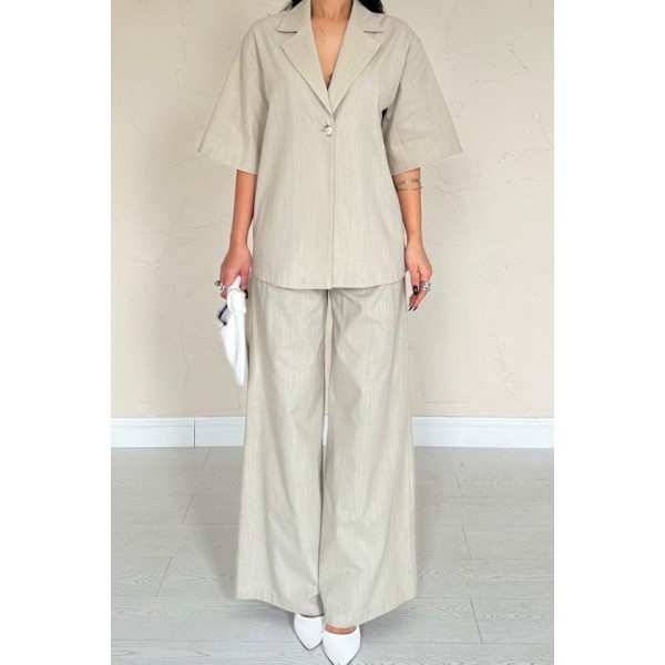 Bej Önü Tek Düğmeli Ceket Pantolon Takım