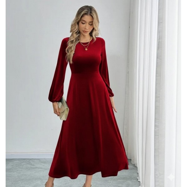 Kadın Uzun Kollu Bisiklet Yaka Midi Kadife Elbise