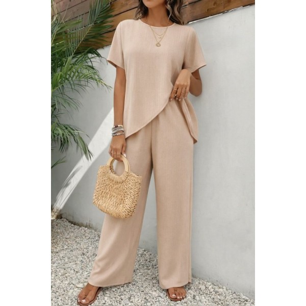 Kadın Kısa Kollu Bisiklet Yaka Asimetrik Kesim Detaylı Bürümcük Bluz Ve Pantolon Ikili Takım