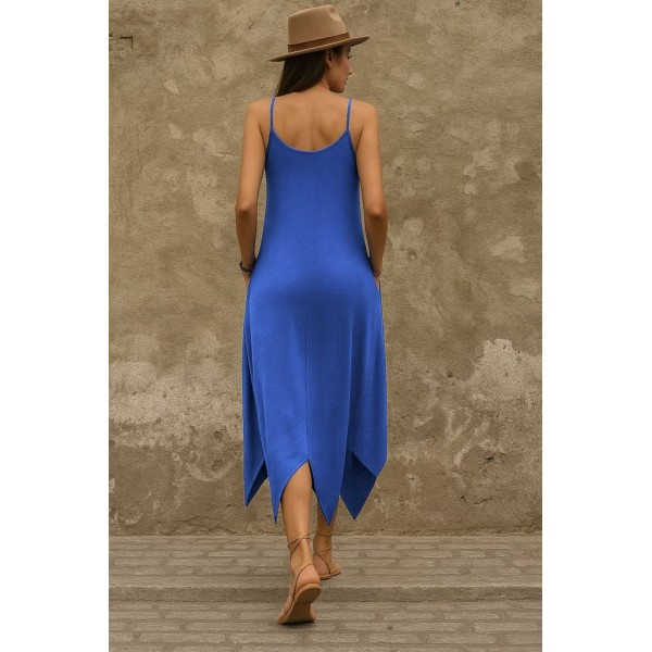 Kadın Askılı V Yakalı Cep Detaylı Asimetrik Kesim Viskon Elbise