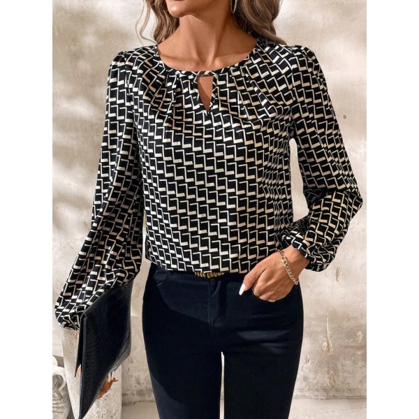 Kadın Uzun Kollu Damla Detaylı Yaka Desenli Süprem Bluz