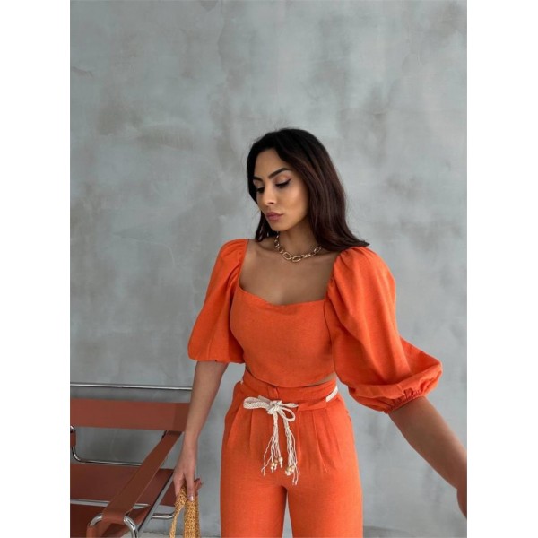 KETEN CROP KARPUZ KOL BLUZ-PANTOLON HASIR KEMERLİ - Orange