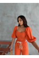 KETEN CROP KARPUZ KOL BLUZ-PANTOLON HASIR KEMERLİ - Orange