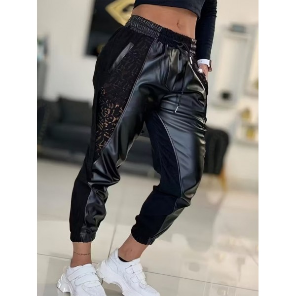 Kadın Yüksek Bel Lastikli Yanda Dantel Detaylı Bağcıklı Deri Pantolon