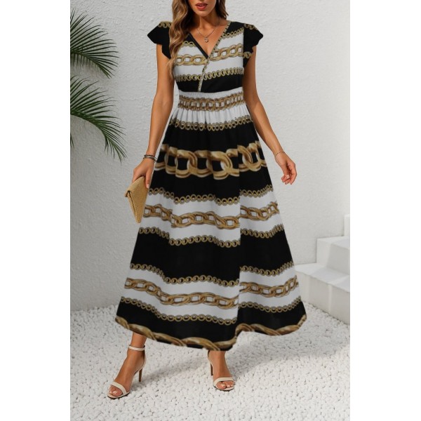 Kadın Kısa Kollu Kruvaze Yakalı Beli Lastikli Desenli Maksi Boy örme Krep Elbise