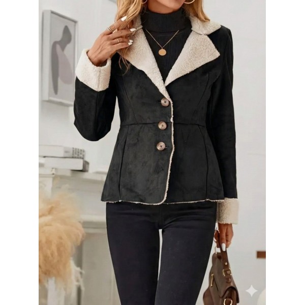 Kadın Uzun Kollu önden Düğmeli Cep Detaylı Kısa Süet Ceket