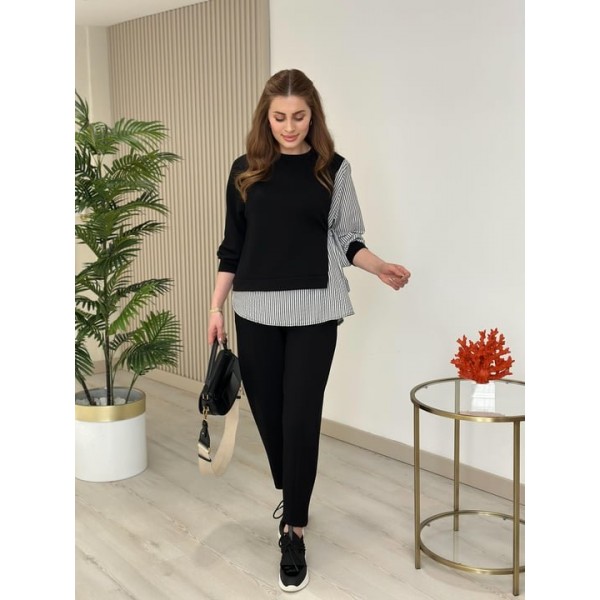 Kadın Gömlek Detay çizgili Yandan Bağlamalı Ikili Takım