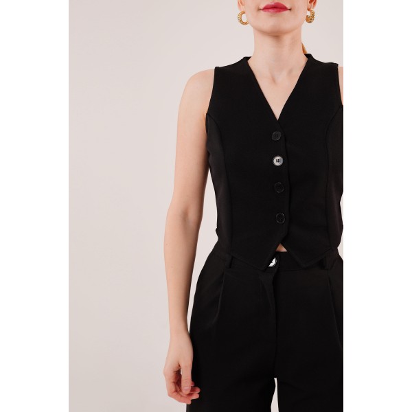 Önü Düğmeli Siyah Yelek