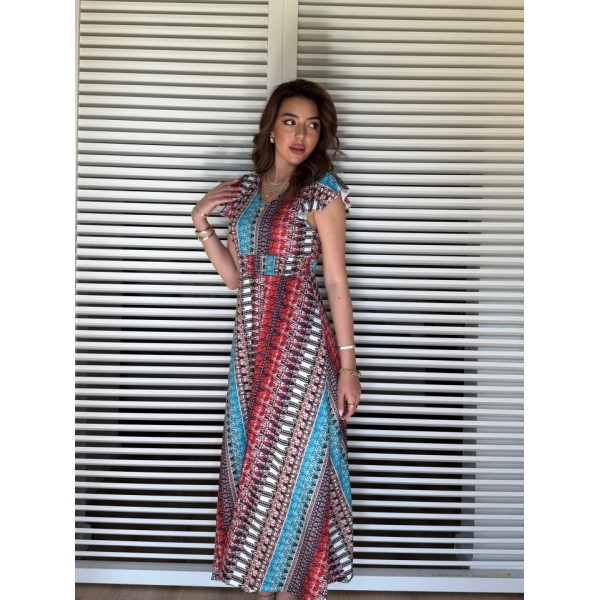 Kadın Kısa Kollu V Yakalı Desenli Yandan Yırtmaçlı Süprem Elbise