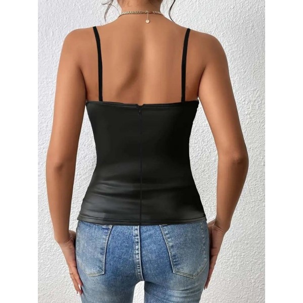 Kadın Ip Askılı Geniş V Yakalı Deri Bluz