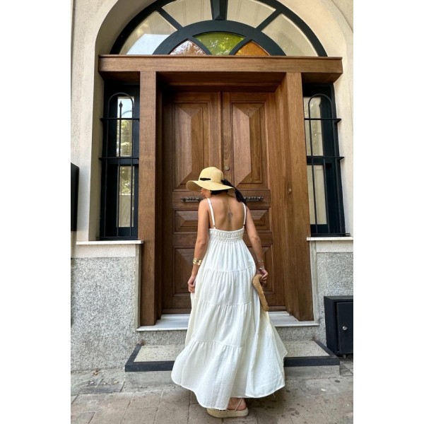 Ekru Askılı Parçalı Müslin Elbise
