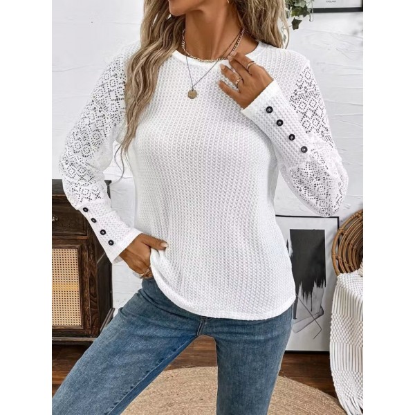 Kadın Uzun Kollu Bisiklet Yaka Kolları Tüllü Waffle Bluz