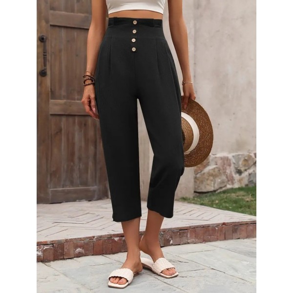 Kadın Yüksek Belli önden Düğmeli Ithal Keten Pantolon
