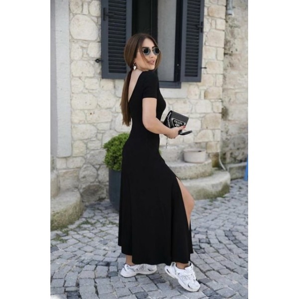 Kadın Kısa Kollu Sırt Dekolte Detay önü çift Yırtmaçlı Viskon Elbise