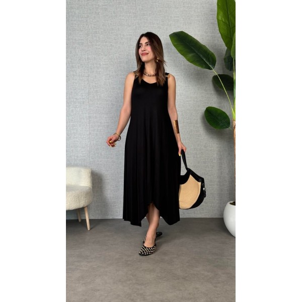 Kadın çan Dokuma Kumaş V Yaka Asimetrik Kesim Elbise