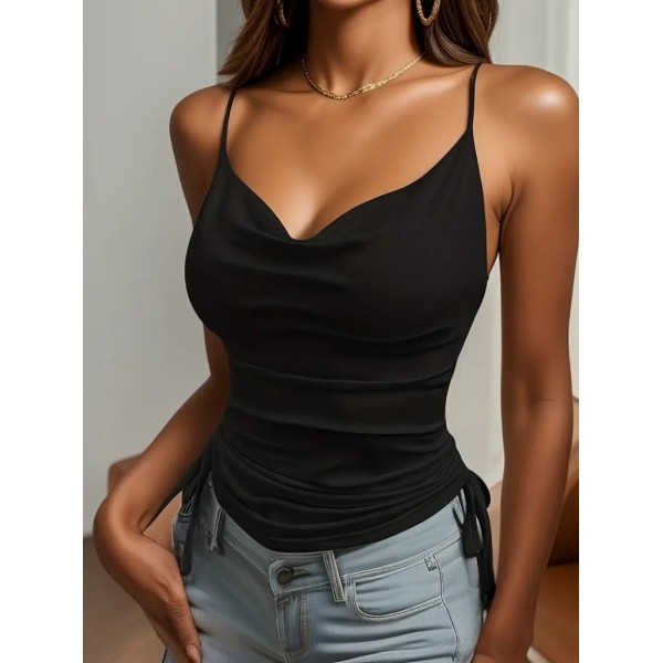 Kadın Askılı Degaje Yaka Yanlardan Büzgülü Sandy Bluz