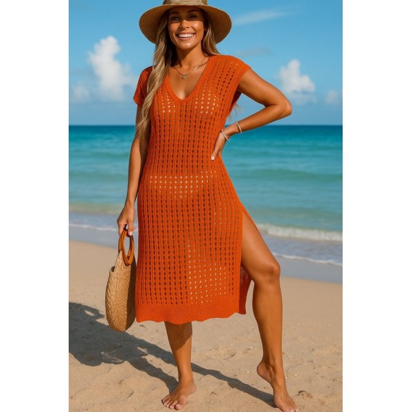 Kadın Sıfır Kol V Yaka Yanı Derin Yırtmaçlı Midi Boy Triko Elbise