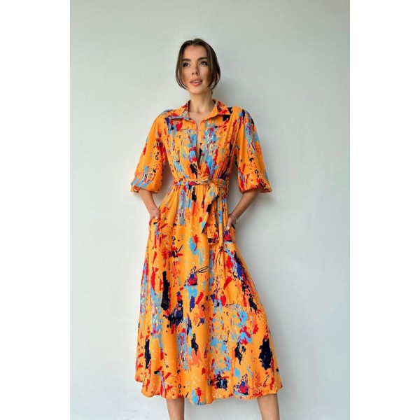 Oranj Çiçek Desenli Kemerli Elbise