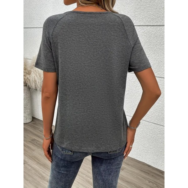 Kadın Kısa Kollu önden Fermuarlı Yazı Baskılı Viskon Bluz